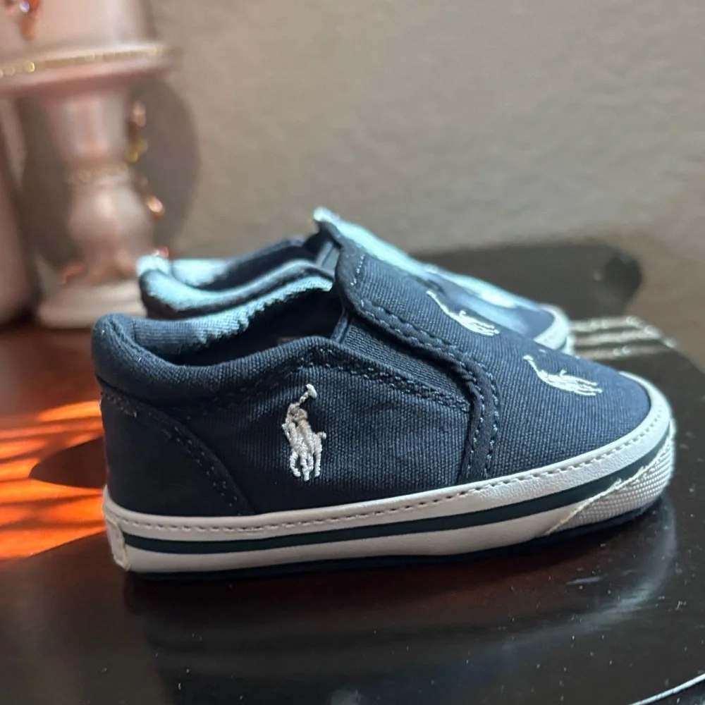 Ralph Lauren Navy Slip-On Baby Sneakers with White Pony Embroidery Size 2
